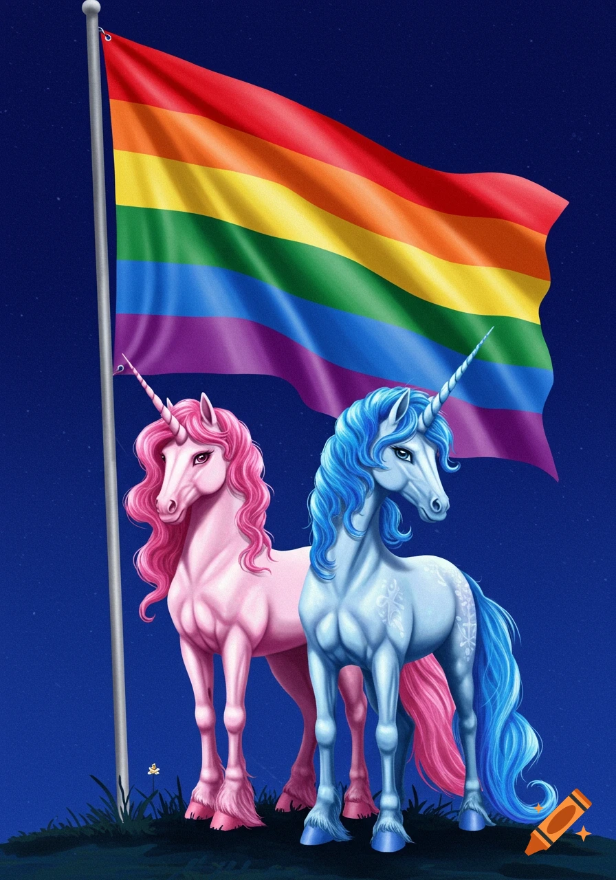 Two unicorns stand in front of a large pride flag under a night sky.