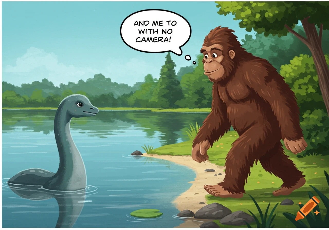 Cartoon illustration of Bigfoot and the Loch Ness Monster by a lake.