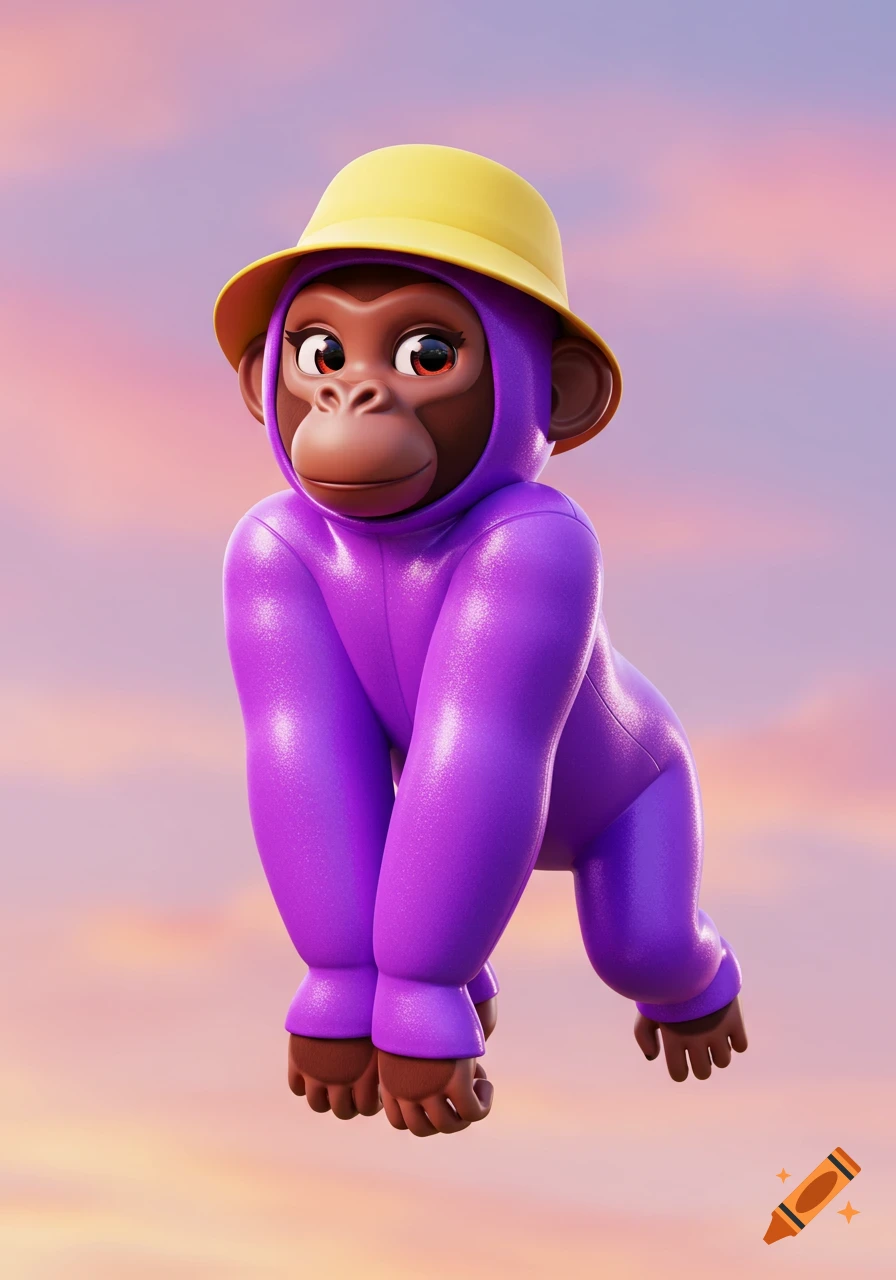 A 3D cartoon monkey in a purple suit and yellow bucket hat floats against a colorful sky.