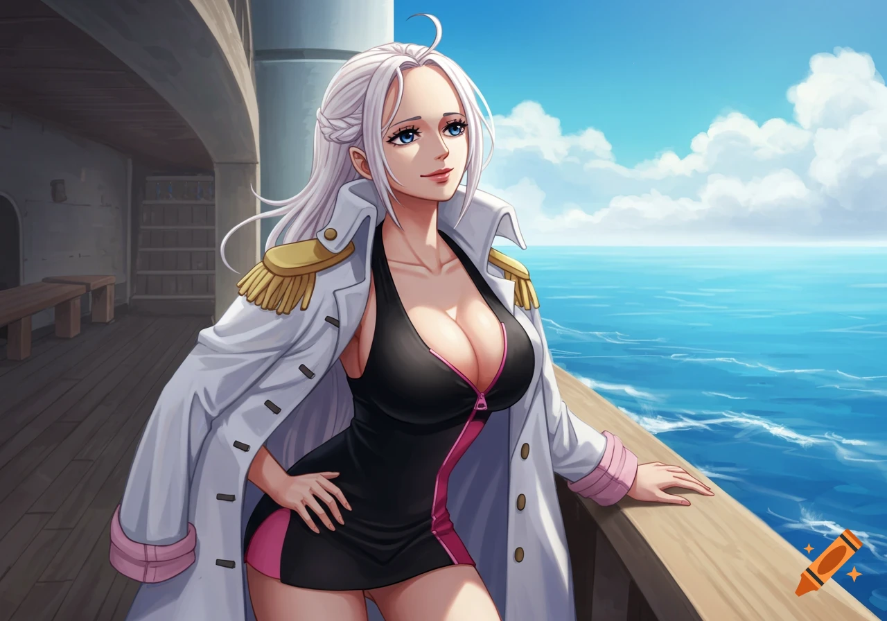 Anime girl with white hair and coat on a ship deck looking at the sea.