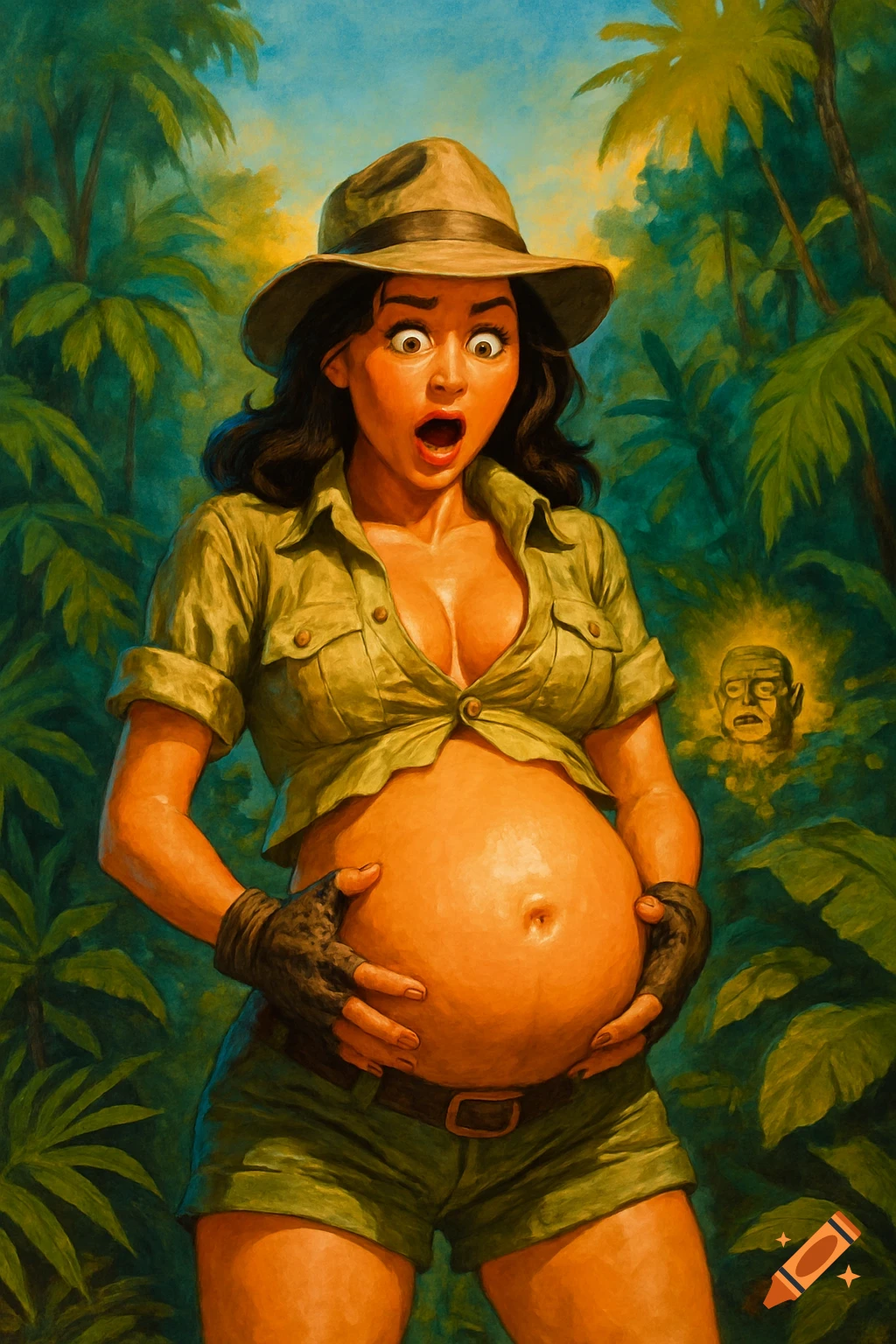 Surprised woman in explorer clothes holds her pregnant belly in a jungle, painted in a pulp art style.