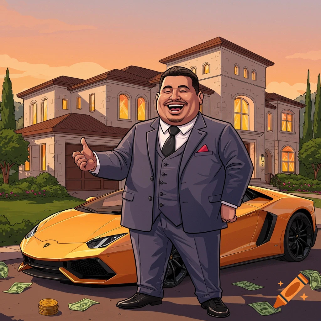 Cartoon man in suit gives thumbs up in front of mansion and yellow sports car, with money on ground.