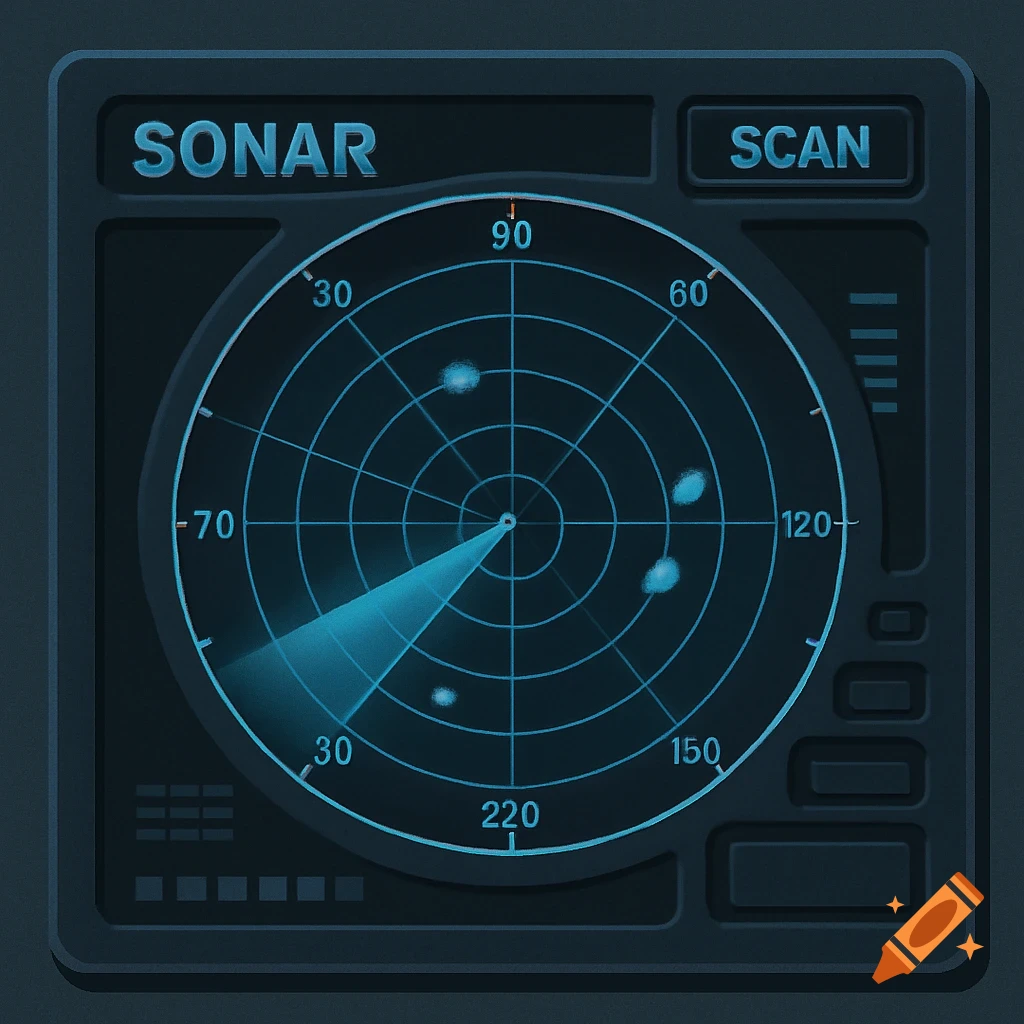 Mock-up of a blue and gray sonar scanner UI with a sweep and detected points.