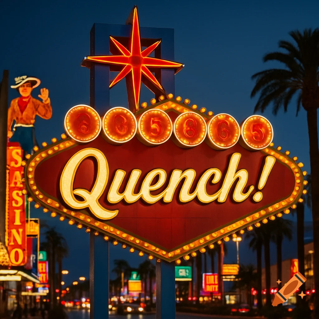 Neon sign saying Quench! with a star and cowboy figure on the Las Vegas strip at night.