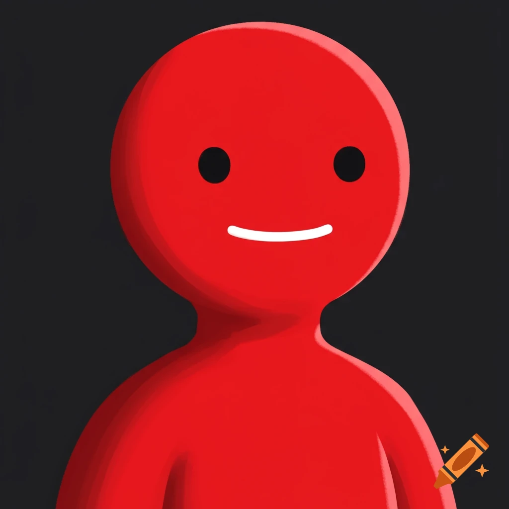 A simple red figure with a smiley face against a dark background.