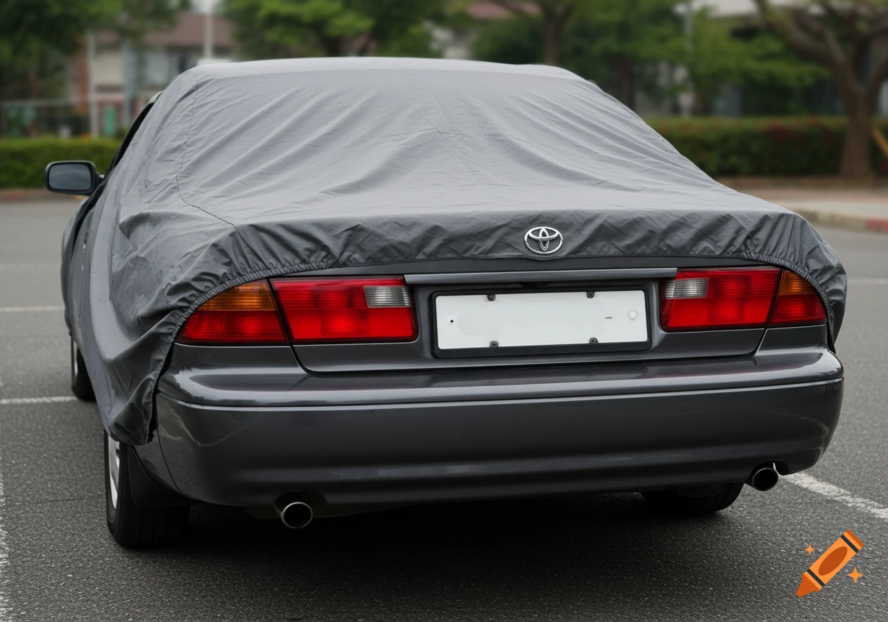Rear view of a grey car covered by a car cover in a parking lot.