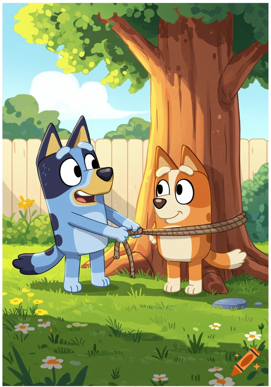 Bluey ties up Bingo to a tree with rope in a backyard in cartoon style.