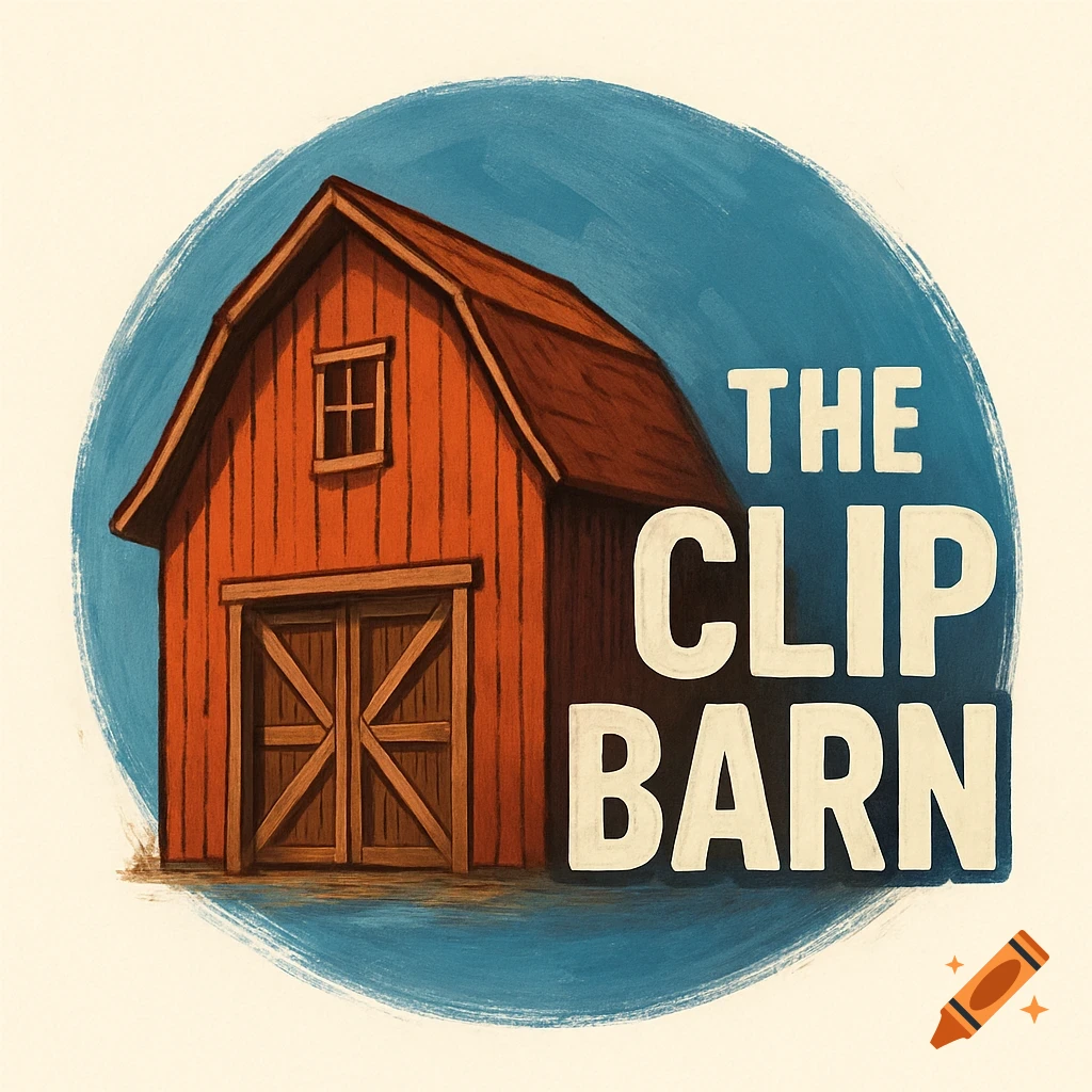 Illustration of a red barn with the text 'THE CLIP BARN'