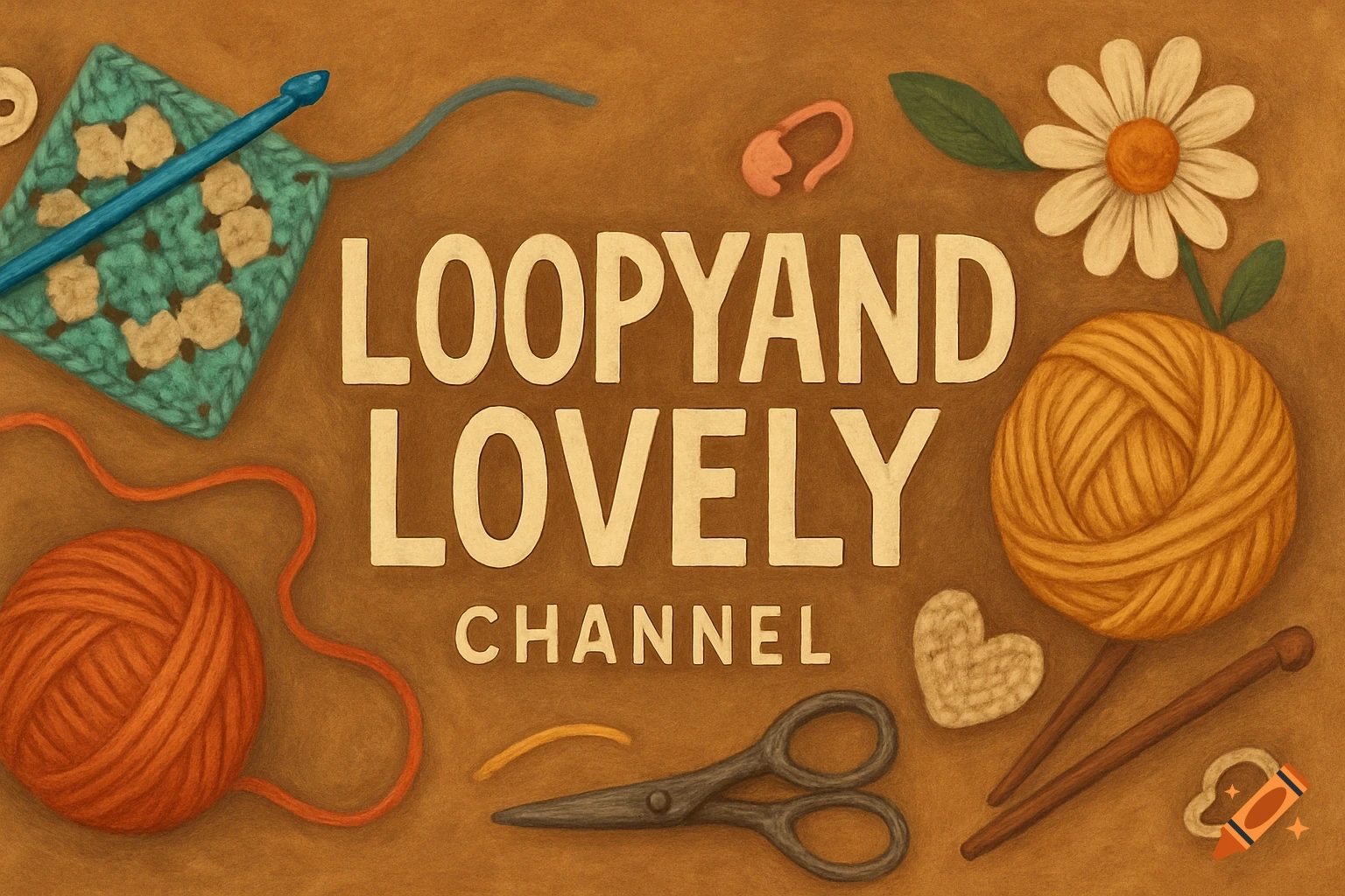 Banner for Loopyand Lovely Channel with yarn, crochet square, scissors, and knitting needles on a brown background.
