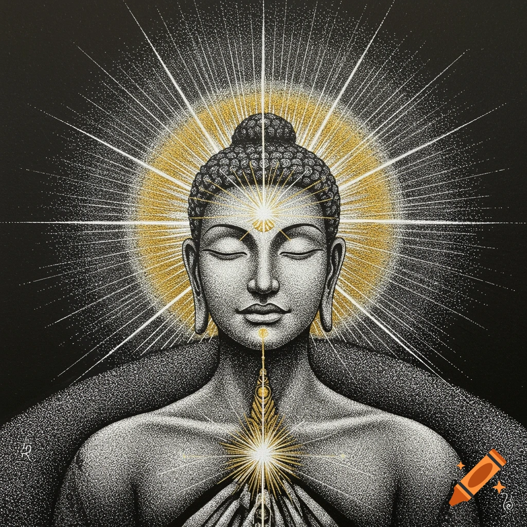 Stylized stipple drawing of a spiritual figure with closed eyes and golden light emanating from the head and chest.
