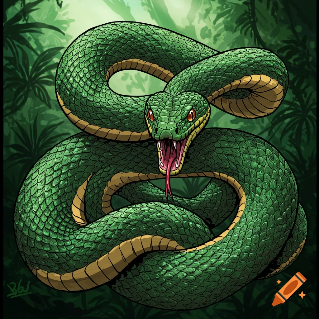 Coiled green snake with fangs bared in a jungle illustration