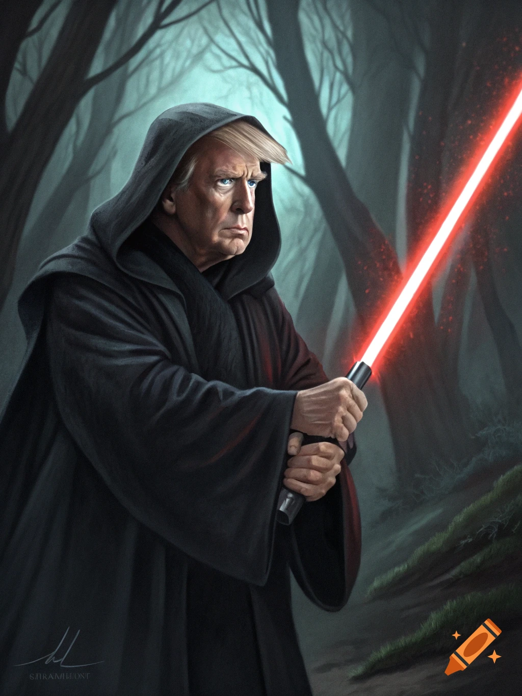 Portrait of Donald Trump dressed as Darth Sidious holding a red lightsaber in a dark forest.