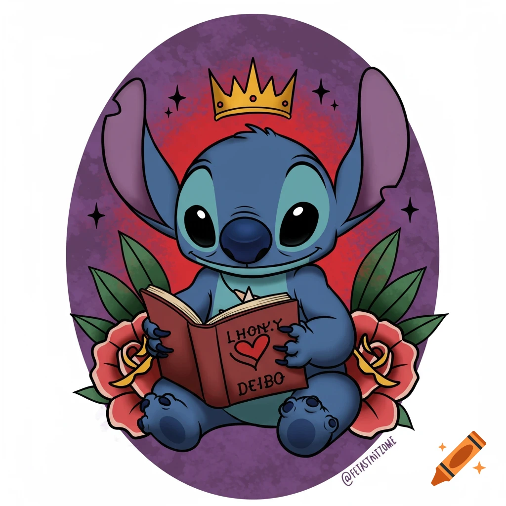 Stitch reads a book wearing a crown, surrounded by roses in an American traditional tattoo style.