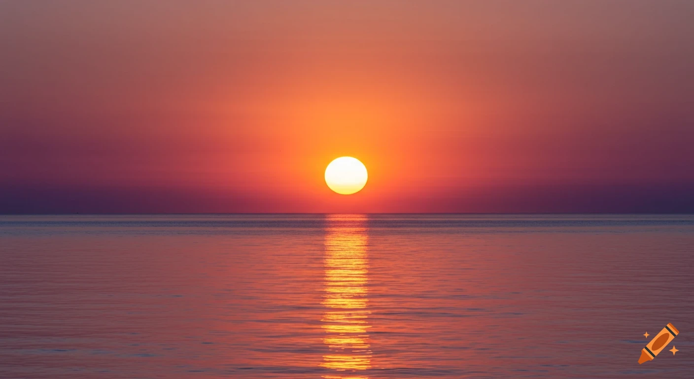 A vibrant orange and red sunset over a calm sea with the sun reflecting on the water.