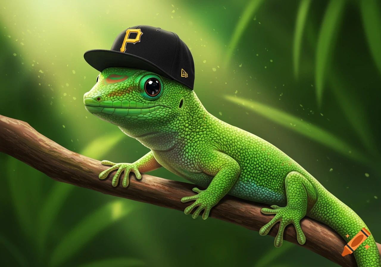 A vibrant green gecko sits on a branch wearing a black baseball cap with a yellow 'P' logo.