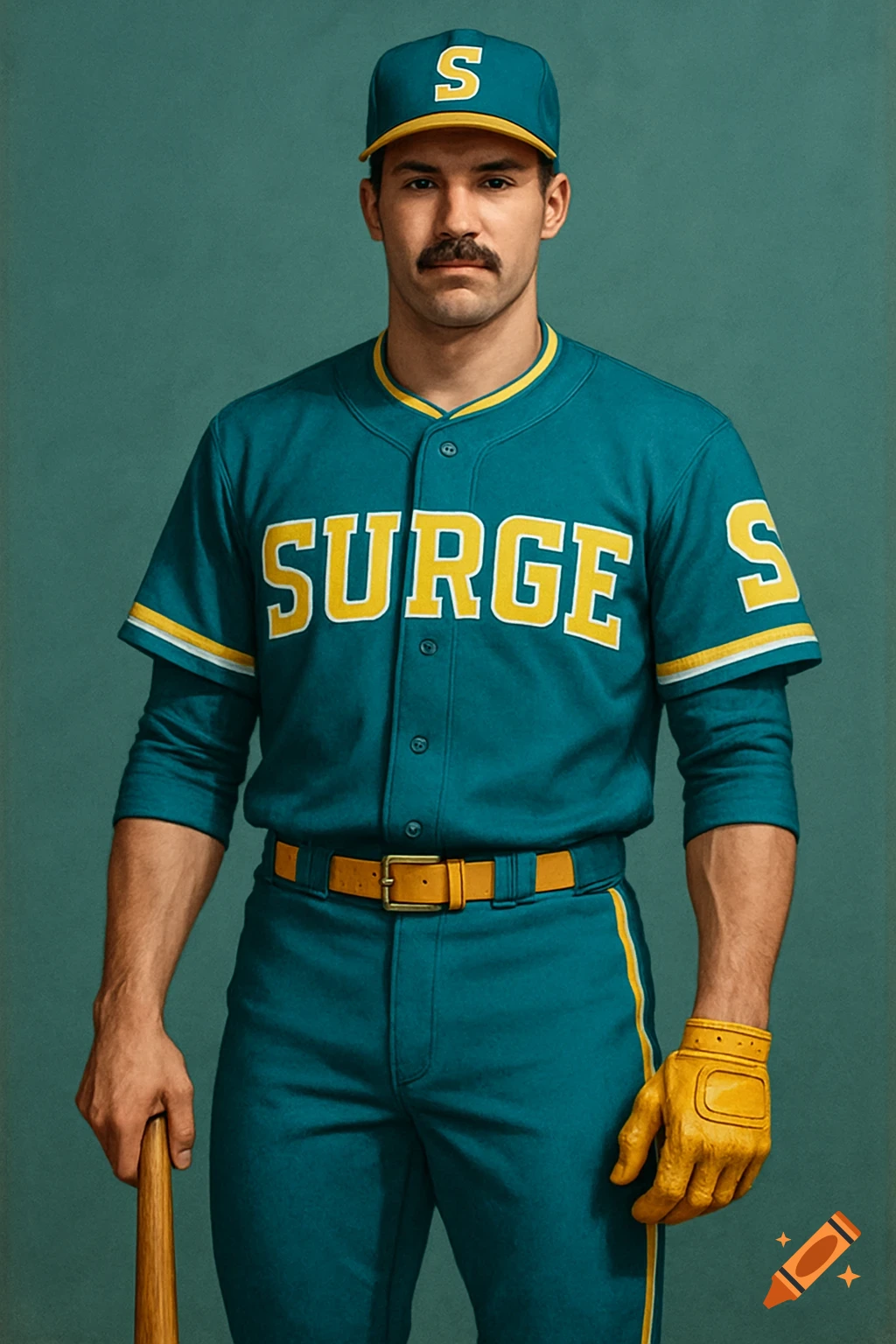 A man in a teal and yellow baseball uniform with 'SURGE' across the chest and an 'S' on the cap, holding a bat.