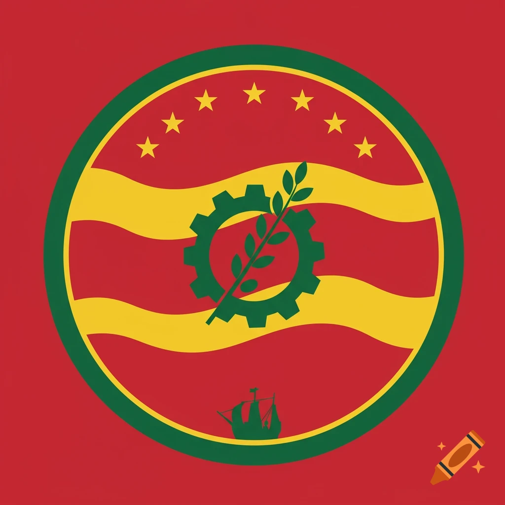 Flat vector logo with a green border, red background, yellow wavy stripes, gear, olive branch, stars, and ship silhouette.