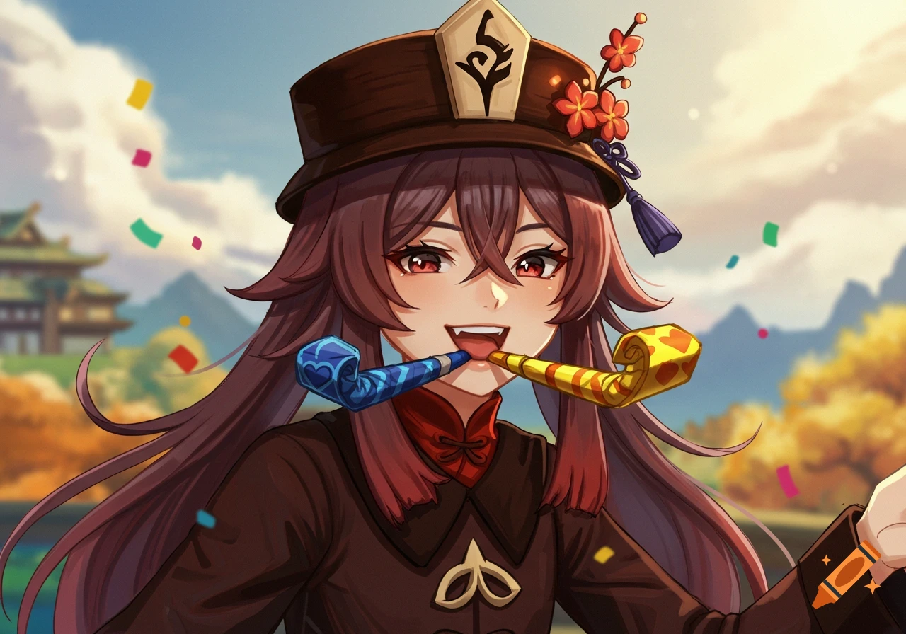 Anime style illustration of Hu Tao from Genshin Impact with two party horns in her mouth and confetti around her.
