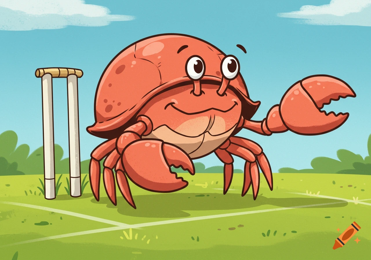 A cartoon crab stands on a grassy cricket field with wickets.
