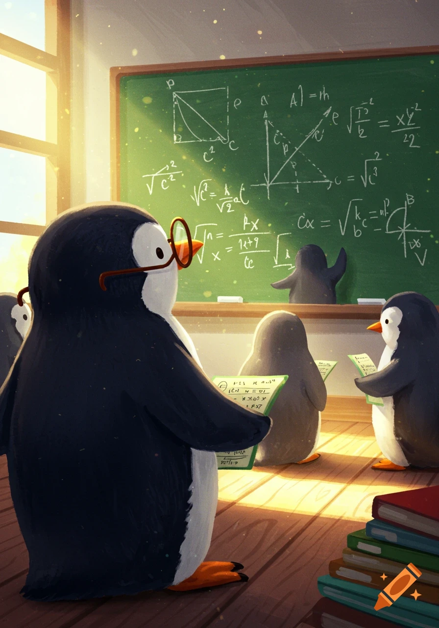 Cartoon penguins in a sunny classroom, one wearing glasses, looking at a blackboard filled with math equations