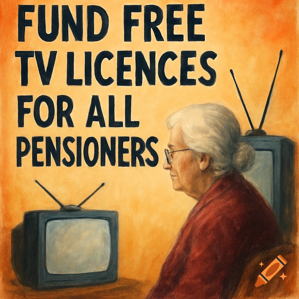 Illustration of an elderly woman watching TV, with text 'FUND FREE TV LICENCES FOR ALL PENSIONERS'.