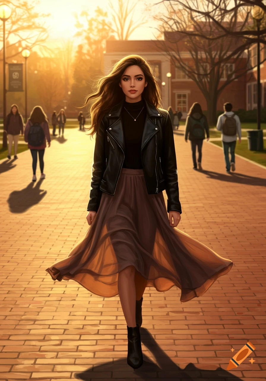 A woman in a leather jacket and flowing skirt walks on a college campus path at sunset