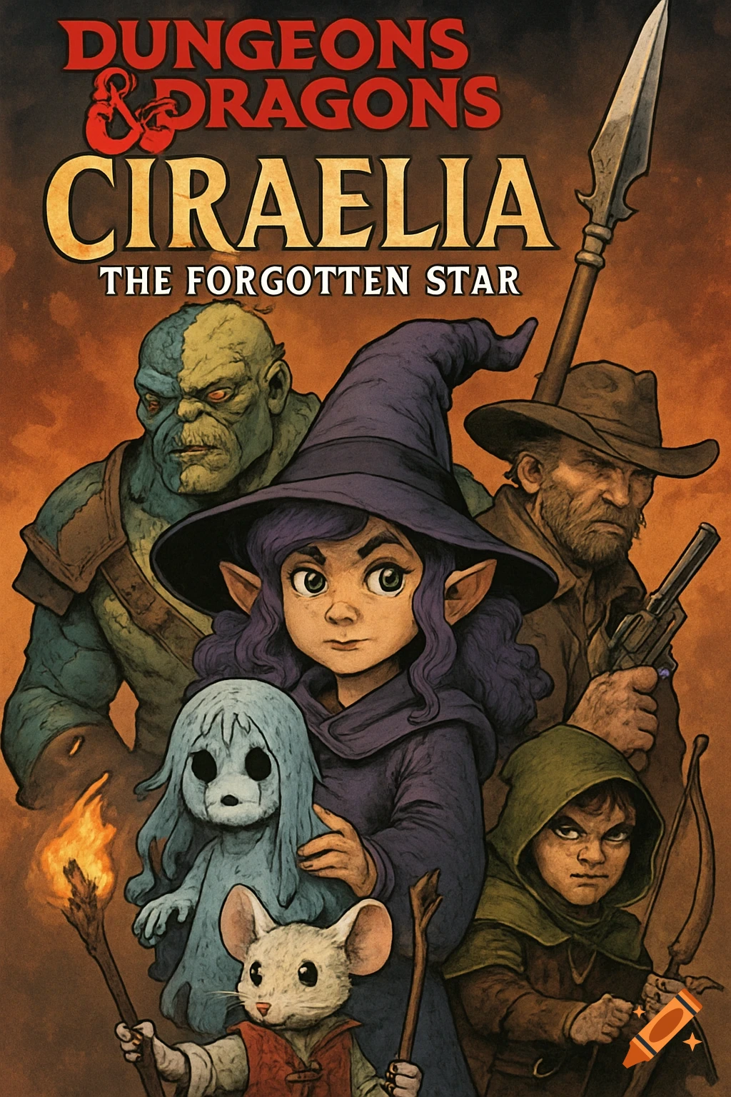 Fantasy comic cover with a group of D&D characters including a witch, monster, cowboy, mouse, and halfling.