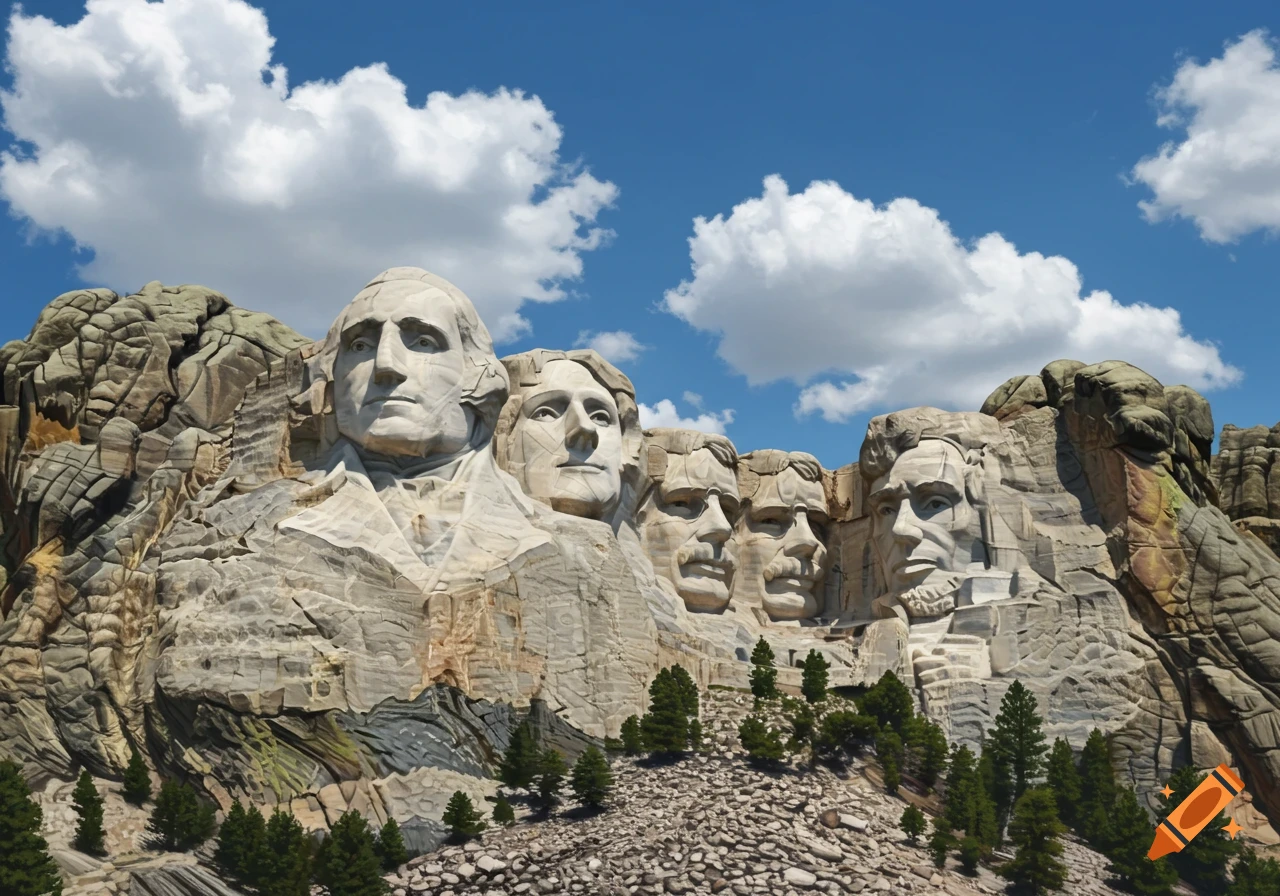 Mount Rushmore monument under a blue sky with clouds