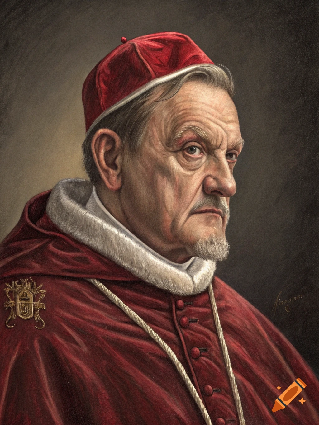 Portrait painting of a Pope in red robes and hat.