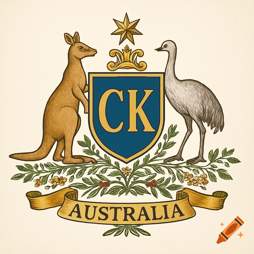 Illustration of Australian Coat of Arms with CK shield, kangaroo, emu, and AUSTRALIA scroll