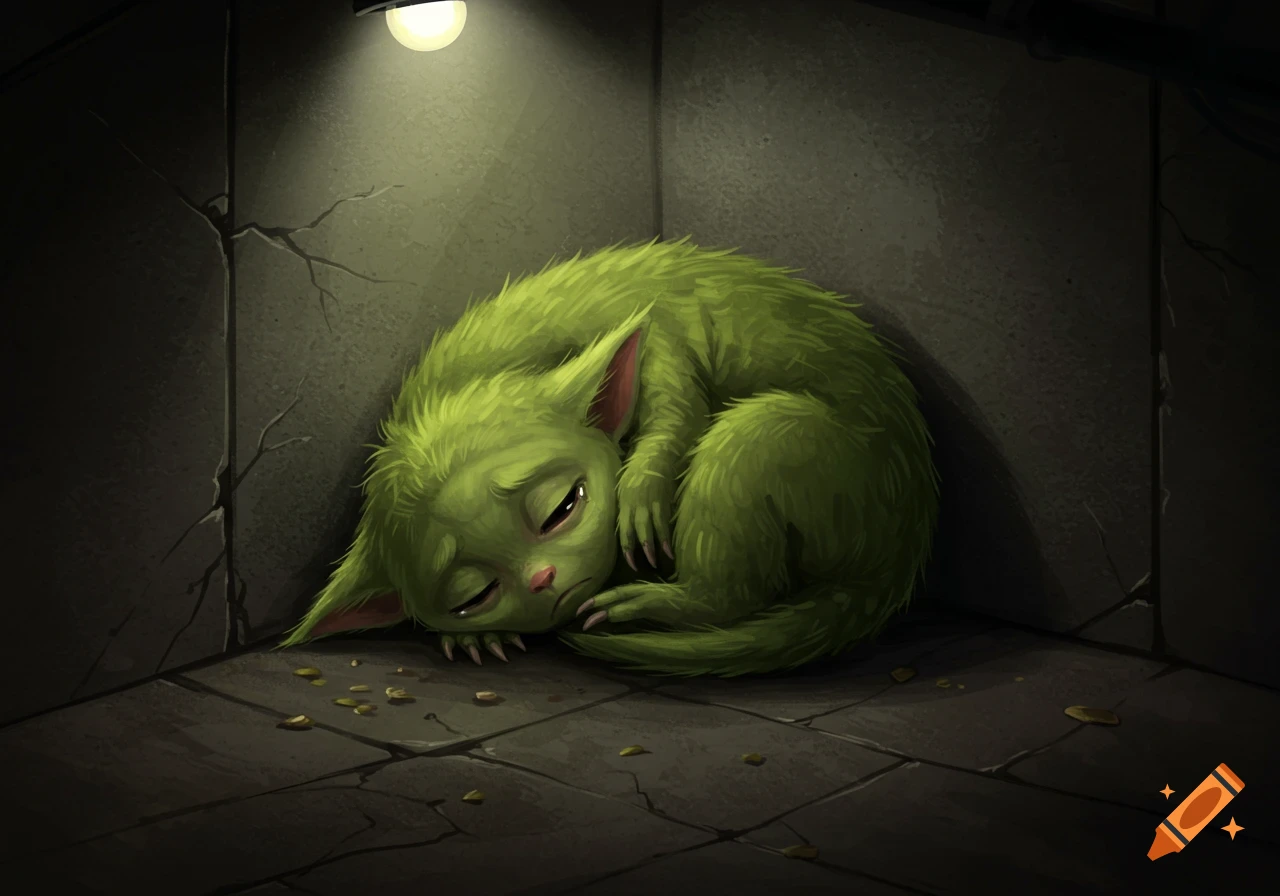 A sad, green, fuzzy creature is curled up on the floor in a dark basement under a light.