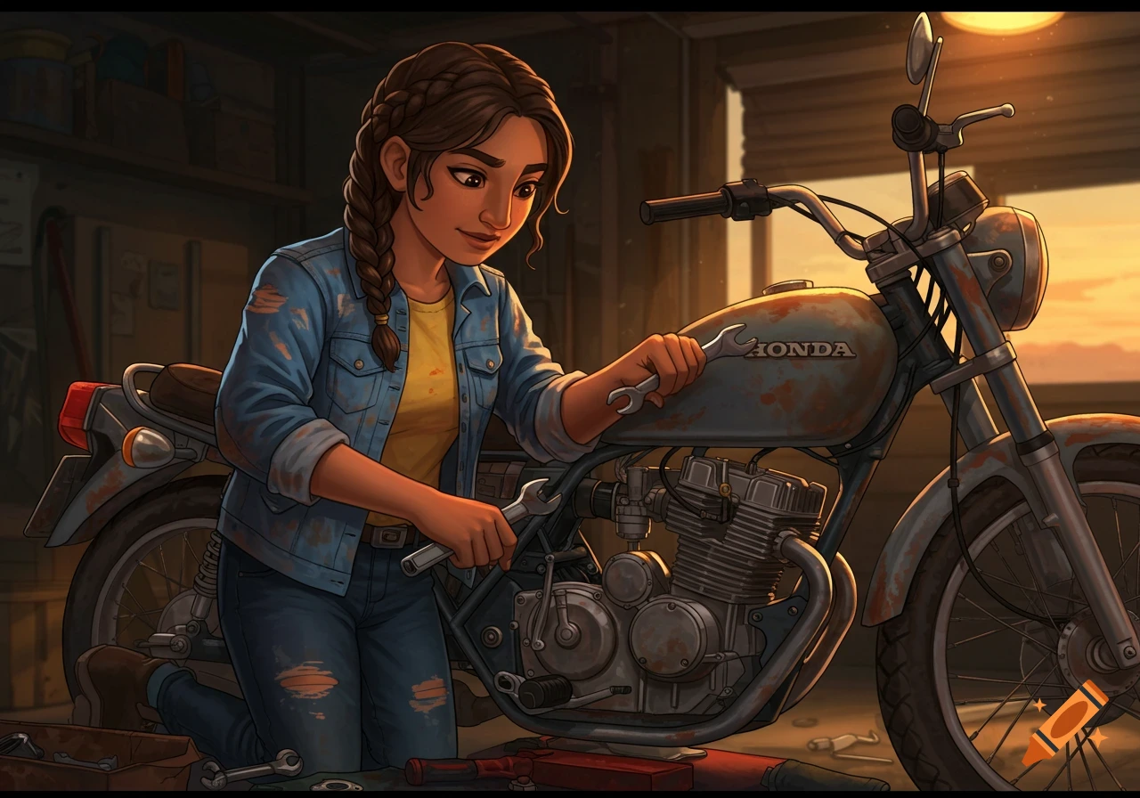 Illustrated girl repairing an old motorcycle in a garage.