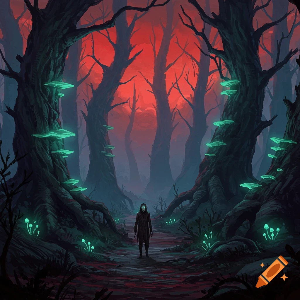 A figure walks a path in a dark forest with glowing mushrooms under a red sky.