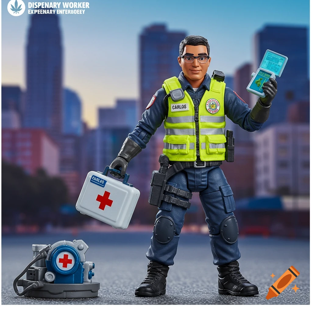 Action figure of a rescue worker holding a medical kit and tablet, against a city background.