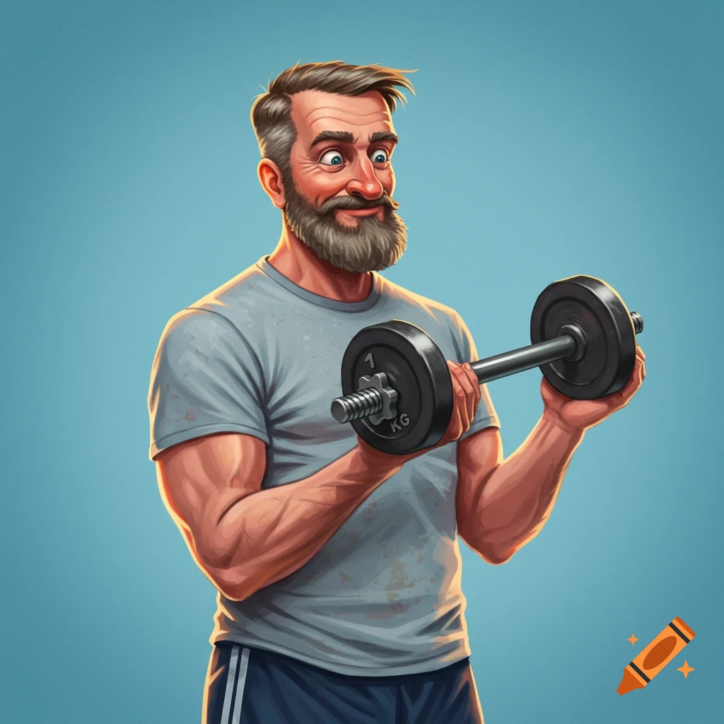 Cartoon illustration of a man lifting a dumbbell.