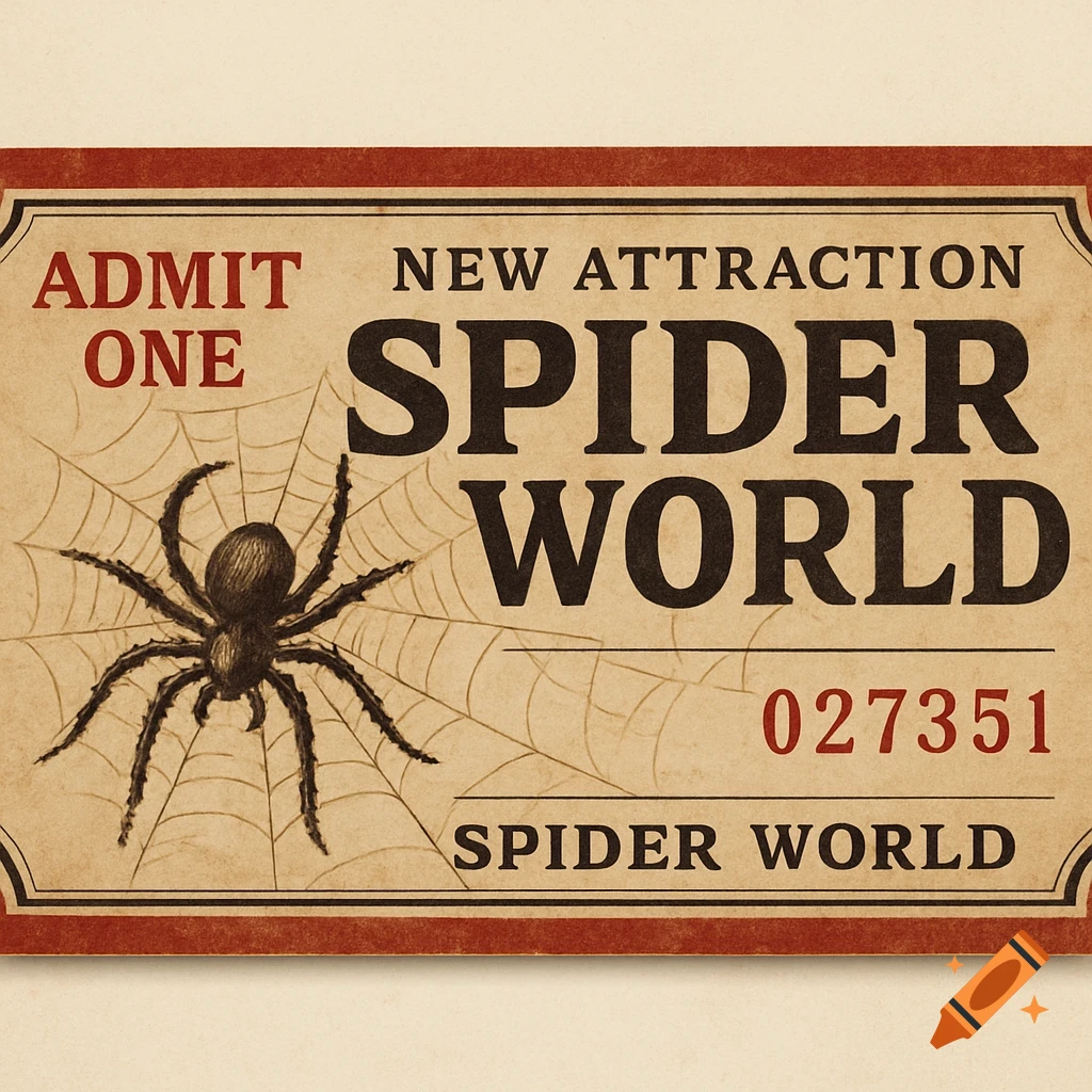 A vintage-style ticket featuring a spider on a web and text that reads "Spider World".