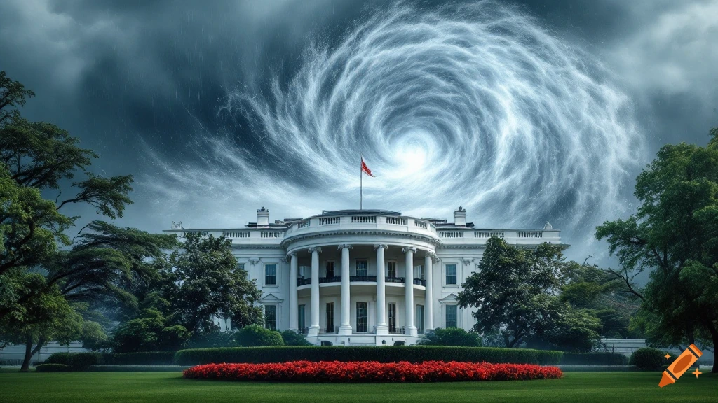 Realistic depiction of the White House under a swirling hurricane sky.