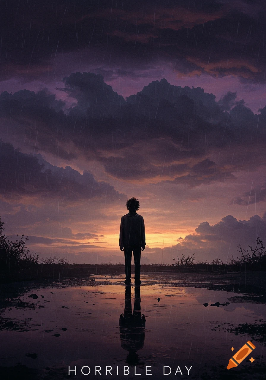 Silhouette of person standing in the rain at sunset, reflecting in a puddle. Text: HORRIBLE DAY.