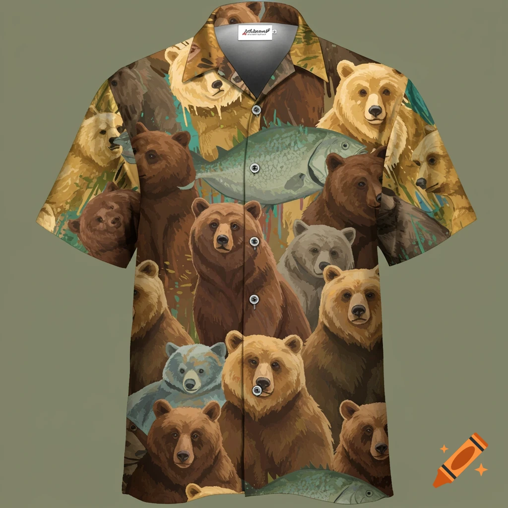 Shirt with an all-over pattern of various bears and a fish