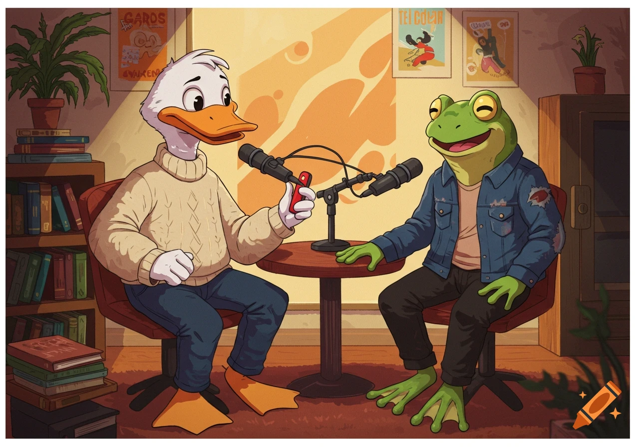 Cartoon illustration of an anthropomorphic duck and frog sitting at a table with microphones doing a podcast.