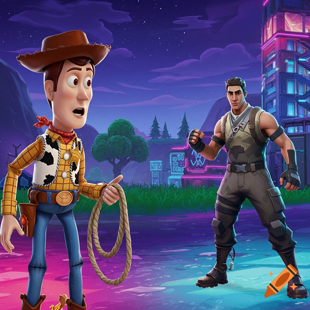 Woody from Toy Story meets Jonsey from Fortnite in a game environment