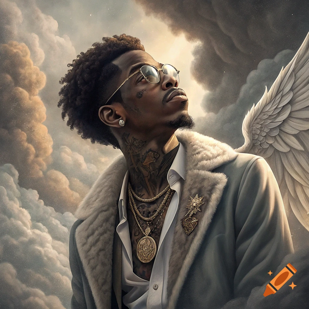 Portrait of a man with tattoos, fur coat, and angel wings looking up at cloudy sky