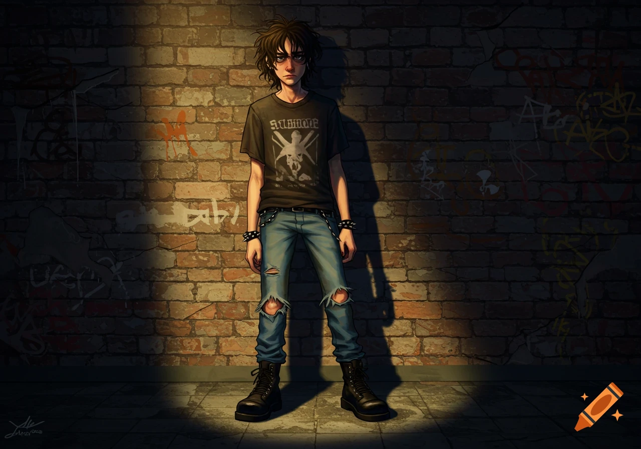 Illustration of a person in punk attire standing against a graffiti brick wall.