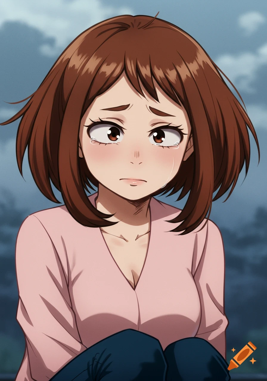 Anime portrait of a sad girl with brown hair in a pink shirt, crying.