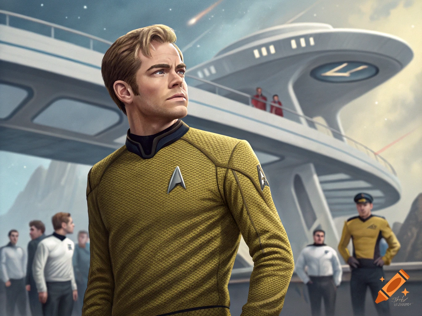 Chris Pine as Captain Kirk in a Star Trek uniform on a ship bridge