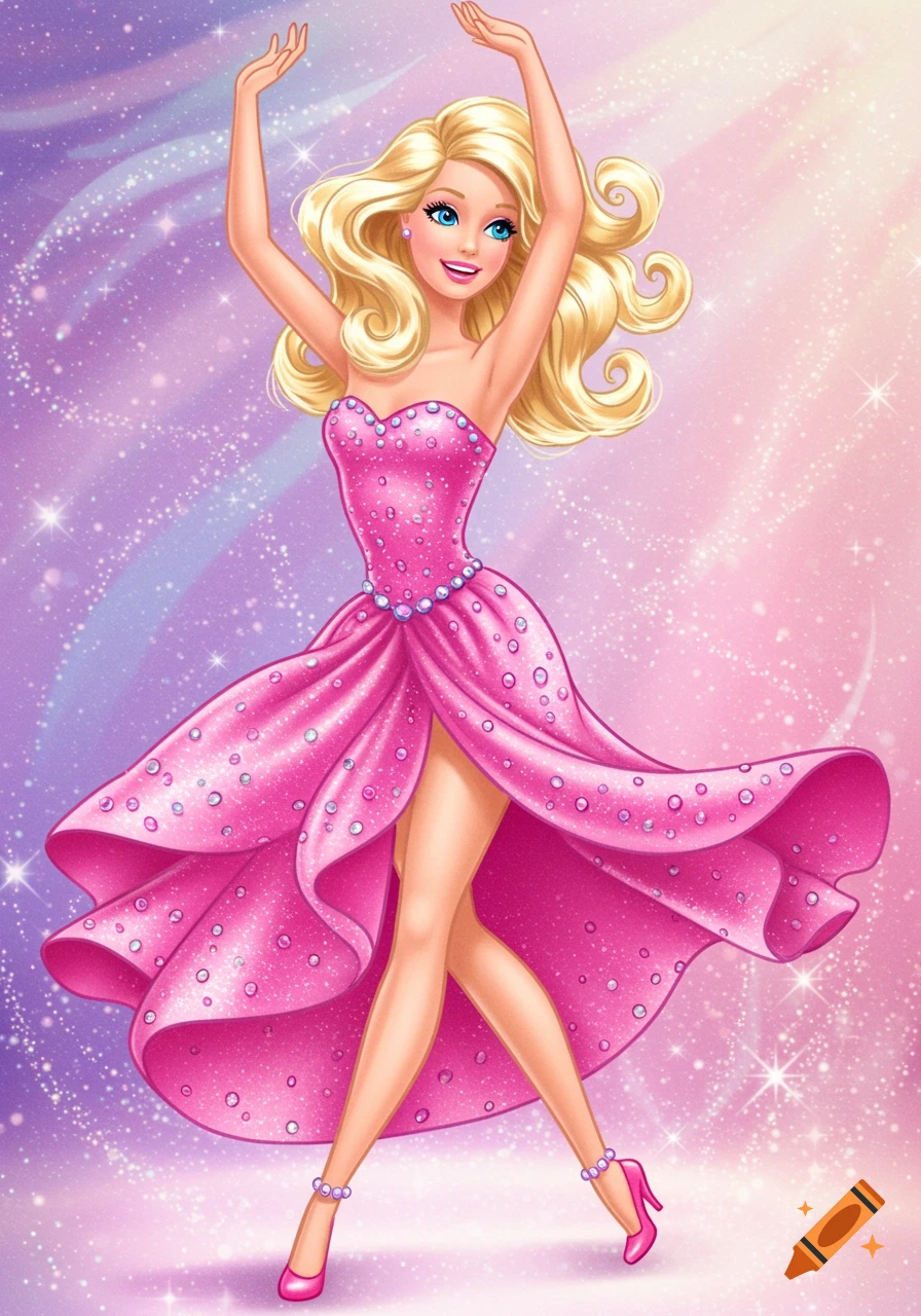 Barbie doll with blond hair and blue eyes in a sparkling pink dress dancing against a glittering background.