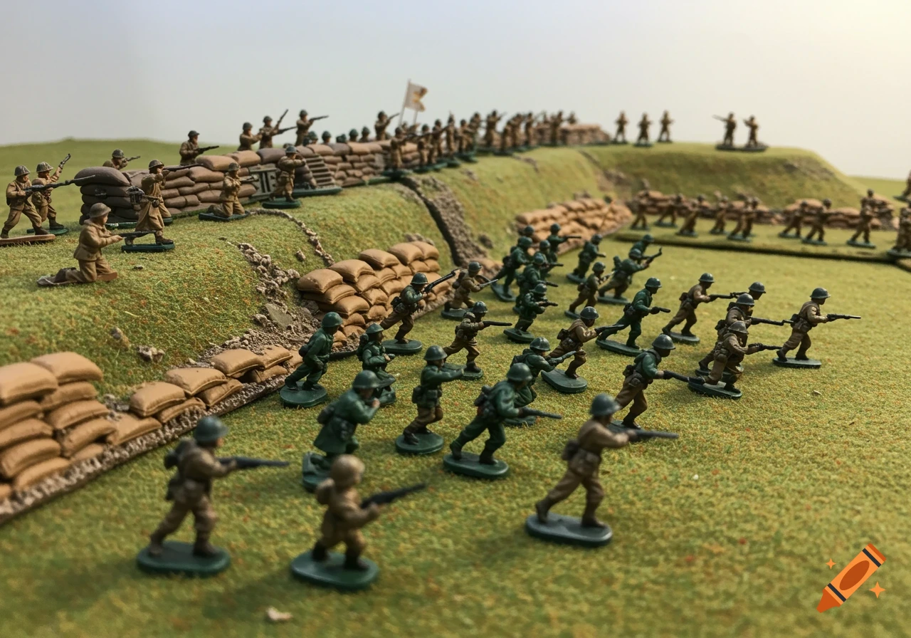 Plastic army men battle scene with green soldiers attacking a fortified position