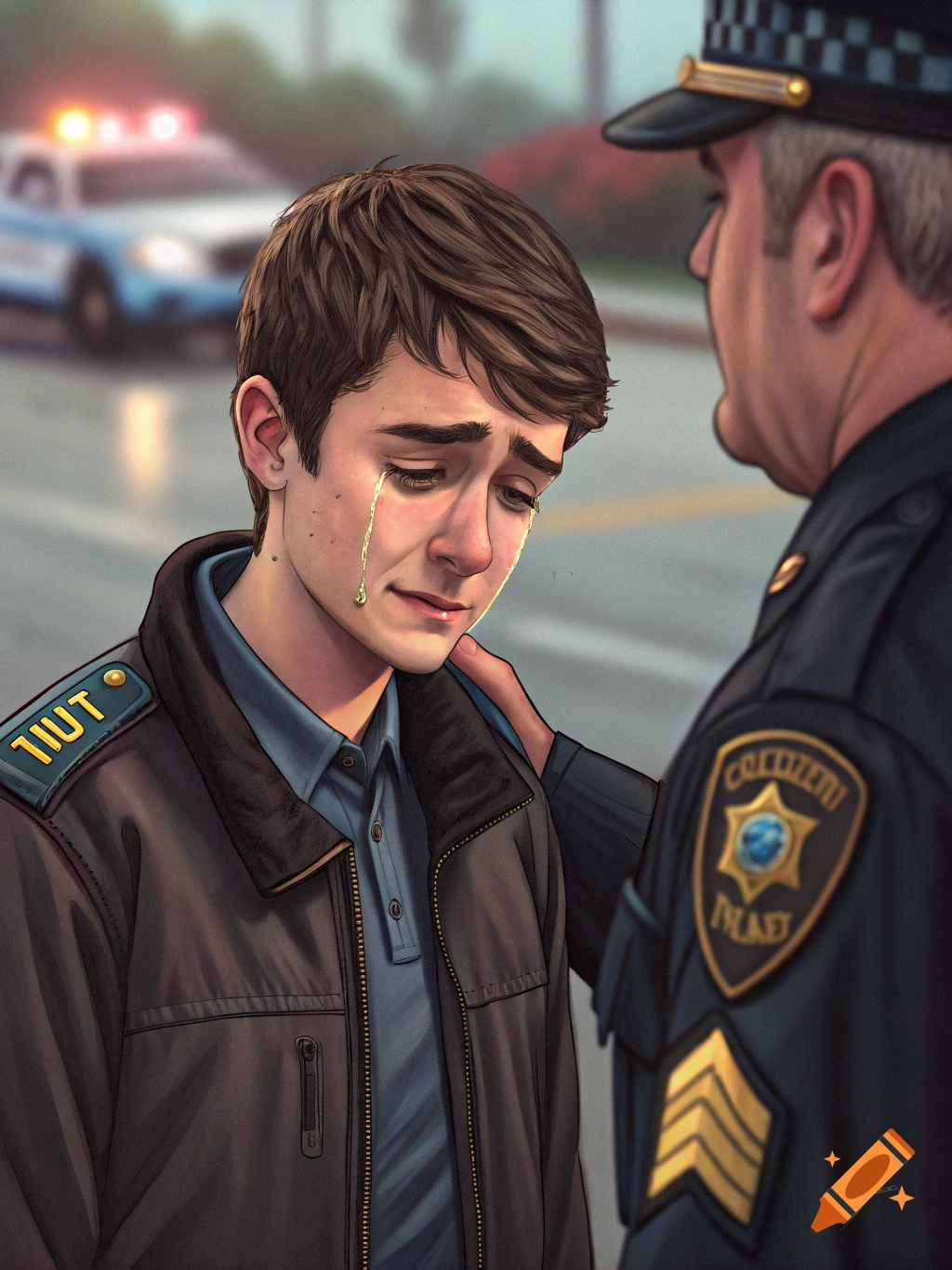 Illustration of a young man crying, comforted by a policeman.