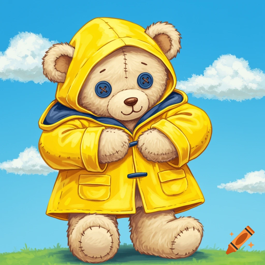 An illustration of a teddy bear wearing a yellow raincoat, standing on grass under a blue sky with clouds.