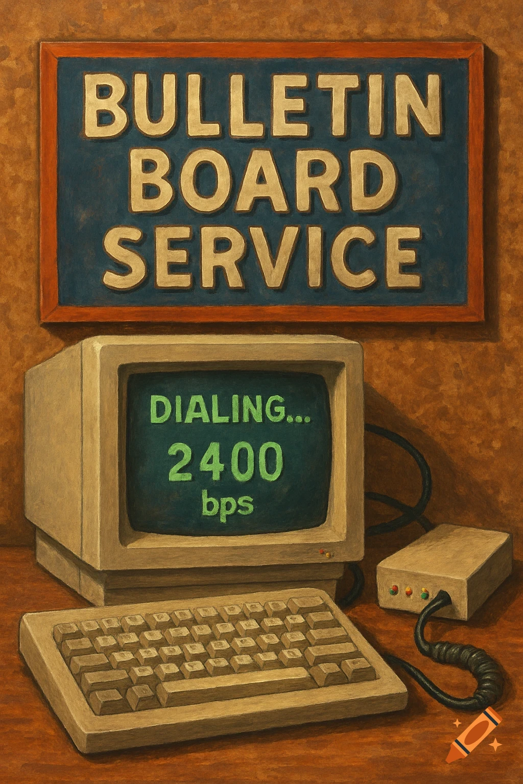 Retro computer setup with a monitor displaying 'Dialing...' and a sign saying 'Bulletin Board Service', painted style.